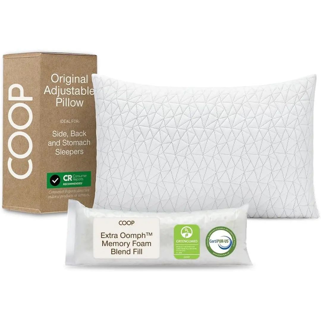 COOP Sleep Goods Original Fully Adjusted Pillow - Classic, Crescent & Cut-Out Shapes, Cross-Cut Memory Foam Cushioning, Microfiber Blend, Queen/King Sizes, Hypoallergenic Bamboo Rayon Washable Cover, CertiPUR-US Foam for Side/Back Sleepers, Pillows For Sl