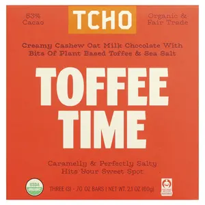 TCHO Toffee Time, Oat Milk Chocolate With Toffee & Sea Salt, 53% Cacao, 3 Bars, 0.70 oz Each