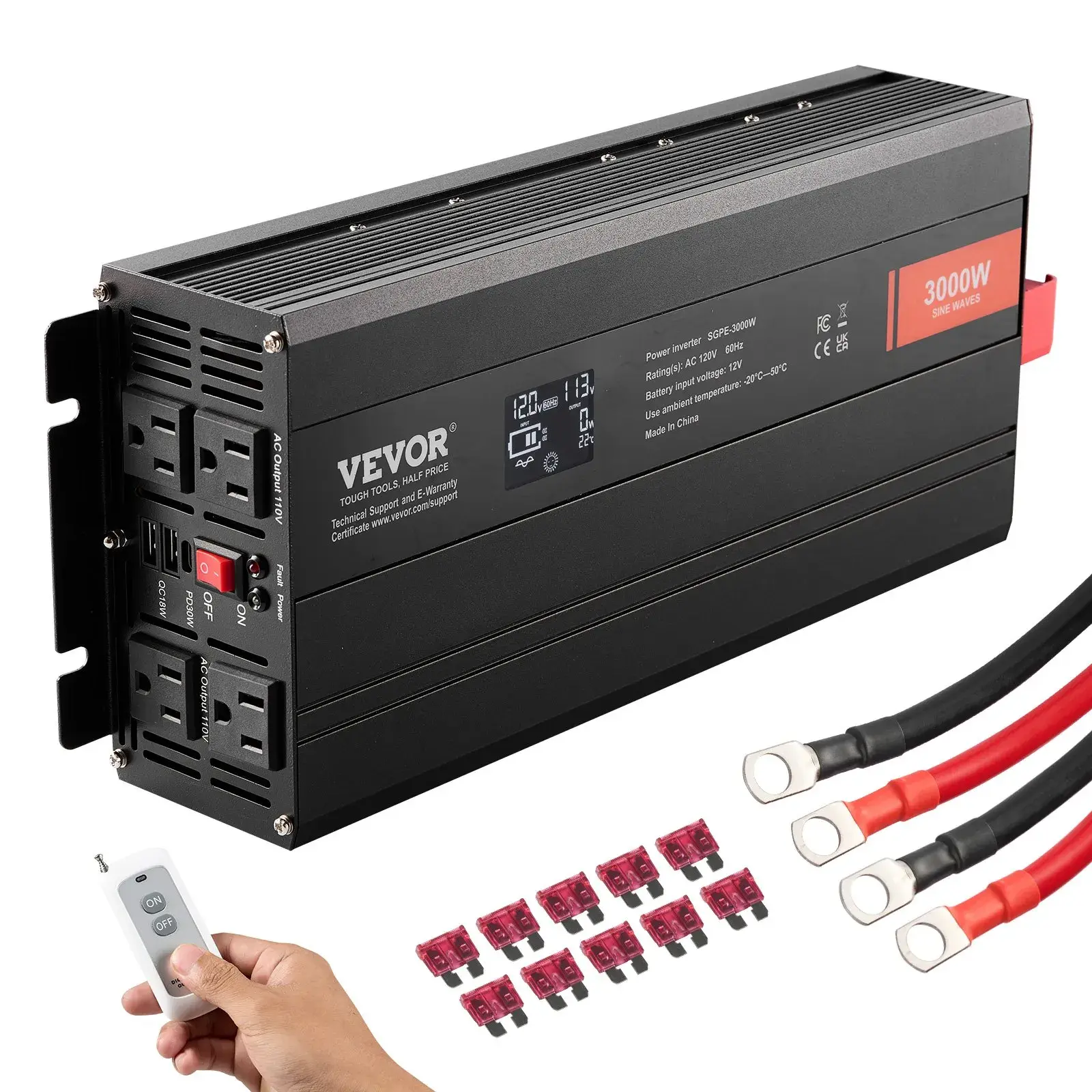 VEVOR 3000W Pure Sine Wave Home Solar Inverter - DC 12V to AC 120V, 2 AC Outlets, 2 USB Ports, 1 Type-C Port, LCD Display, Remote Controller, CE FCC Certified for Large Home Appliances, Emergency Use