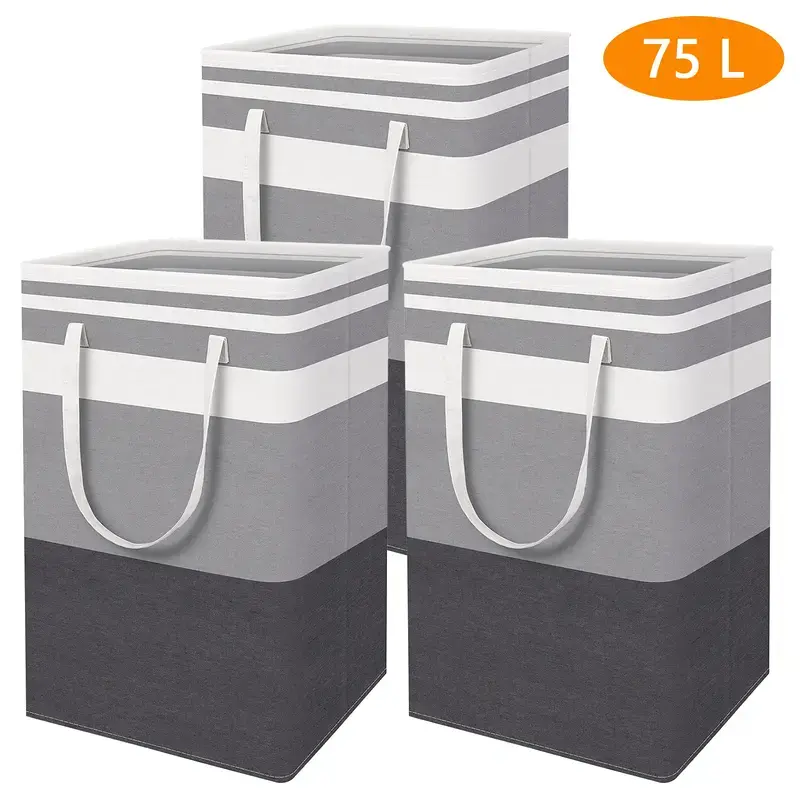 Modern 3-Pack Large Freestanding Laundry Basket - Waterproof, Collapsible, 75L Tall Clothes Hamper with Extended Handles for Dorm, Family Use (Gradient Grey)