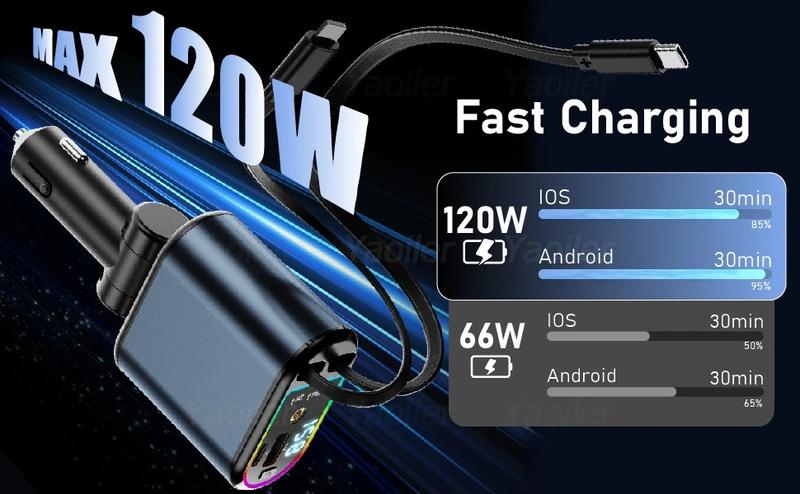 4-in-1 Starry Sky Retractable Car Charger 120W Top Projection Light Four-In-One Type-C+Lightning Dual Wires Usb+Pd Expansion Socket