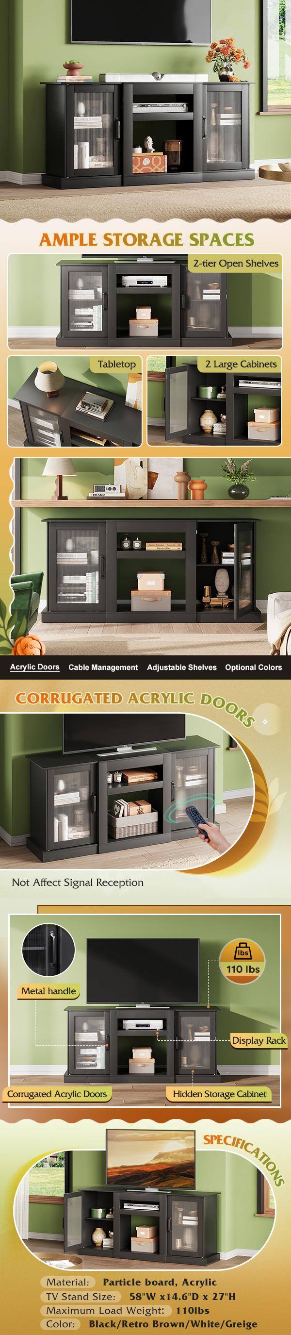 WLIVE TV Stand for 65 inch TV, 58" Entertainment Center with Storage Cabinets, Open Shelves TV Console for Living Room and Bedroom