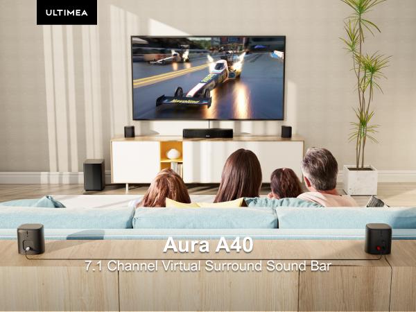 ULTIMEA Aura A40 7.1ch Virtual Surround Soundbar for Small Rooms- 4 Wired Surround Speaker, 4-inch Subwoofer, Smart App Control, Remote, for Compact Home Theaters, TV, MobilePhone, PC, Sleek Wall-Mountable, Apartment, Flat