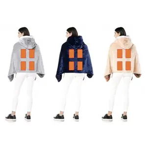 PenguinWarmth Wearable Heated Throw Blanket Double-Sided Flannel Portable Electric Heating Hoodie for Women Men 3 Heating Levels Battery Operated Machine Washable 8-Zones USB Powered