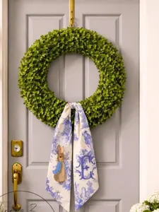 Embroidered Personalized Easter Wreath Sash Peter Rabbit French Blue Toile Fabric Pastoral Countryside Wreath Sash Monogram Door Decor Cotton Hanging