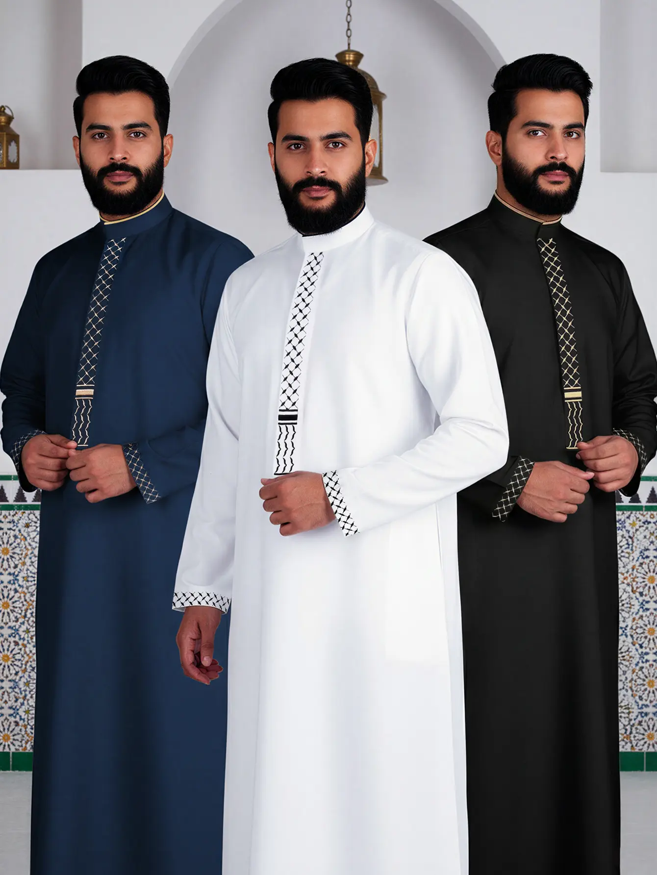 Men’s Modest Muslim Thobe, Lightweight Breathable Embroidery Arabic Robe, Long Sleeve Loose Fit Jubba for Daily Wear Ramadan Eid Casual Jubbah