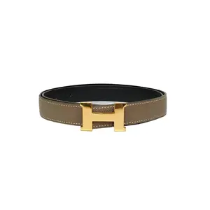Pre-owned H buckle double sided belt 24mm 18 elephant gray with 89 black leather CD engraving gold buckle 80cm 18 elephant gray 89 black