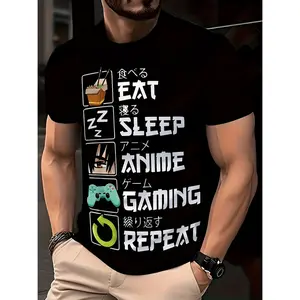 [Manga T-Shirt] Polyester Men's Summer Casual T-Shirt | Unique Manga-Inspired 3DS Digital Print - "Eat, Sleep, Anime, Gaming, Repeat" Graphic, Crew Neck, Short Sleeve, Machine Washable, Breathable | Casual Wear, Durable Print