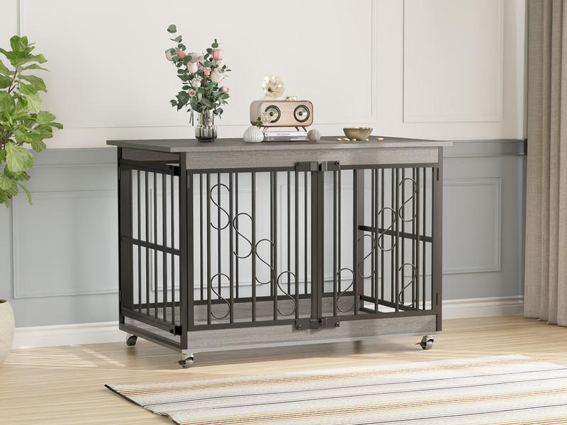 【TreasureFinds】COZPAW Dog Crate Furniture 48 Inch Wooden Dog Crates for Medium/Large Dogs, Three Doors, House Dog Cage with Lockable Wheels (Gray)