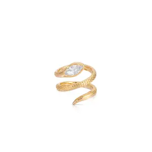 Marquise Coiled Snake Ring – 18K Gold Plated Serpent Wrap Ring with Marquise Cubic Zirconia Crystal, Adjustable Statement Ring for Women