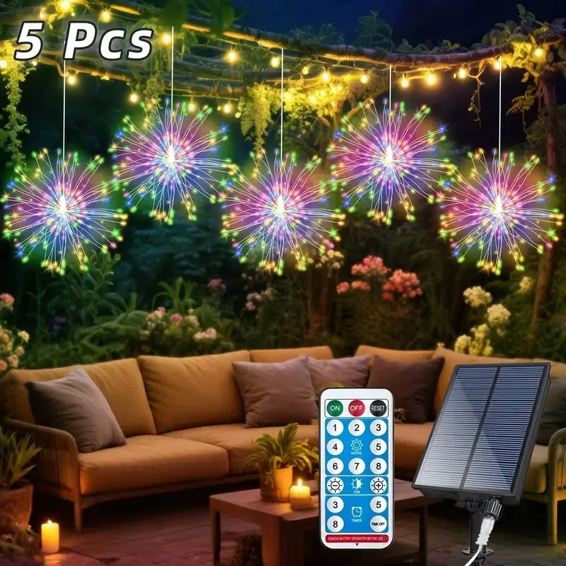 5-Piece LED Solar Starburst Lights Set, Remote Timer Fireworks Lamp, 8 Adjustable Modes Hanging Fairy Light, Outdoor Firework Lights for Garden Party Wedding Decor, Solar Garden Lamps, Outdoor Landscape Lights, Solar Lighting, Outside Lights