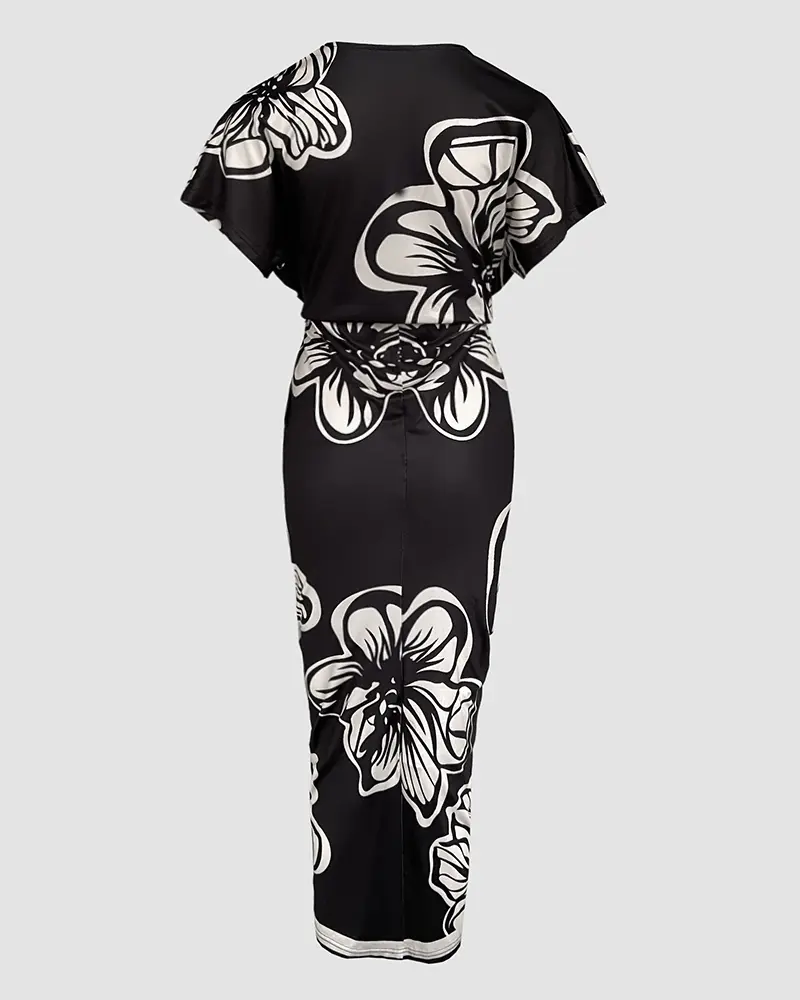 CHICME Women's Feminine Floral Print V-Neck Bodycon Midi Dress - Ruched, Slit Design for Wedding Guest, Casual Wear & Dressy Occasions