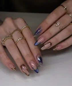 Starry Night Galaxy Press On Nails | Navy Blue Ombre & Gold Frame | Celestial Stars | Medium Almond | Luxury Handmade Nails Art