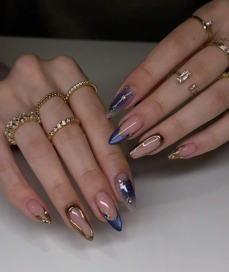 Starry Night Galaxy Press On Nails | Navy Blue Ombre & Gold Frame | Celestial Stars | Medium Almond | Luxury Handmade Nails Art