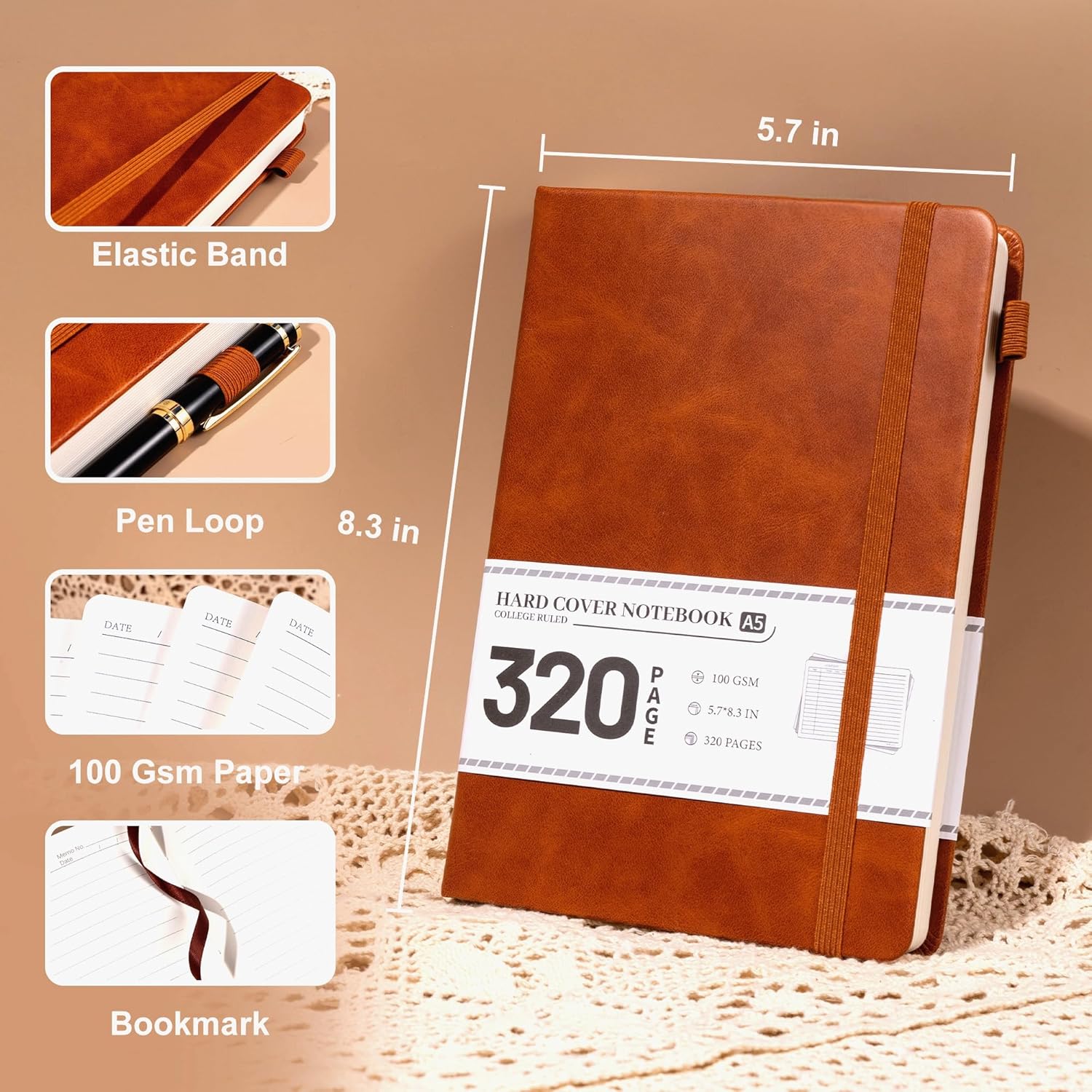 CAGIE 2 Pack A5 Lined Notebooks 320 Pages Hardcover Journal 100GSM Thick Paper Notebook Set for Writing School Work Study Note Taking Diary Journaling Junk Journal Office Notebook for Women Men Students