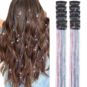 Colorful Hair Tinsel Pack of 12 Pcs Glitter Hair Accessories 20 Inch Clip in Hair Tinsel Extensions Fairy Hair Accessories Party Kit for Women Girls 12Pcs,Colorful#