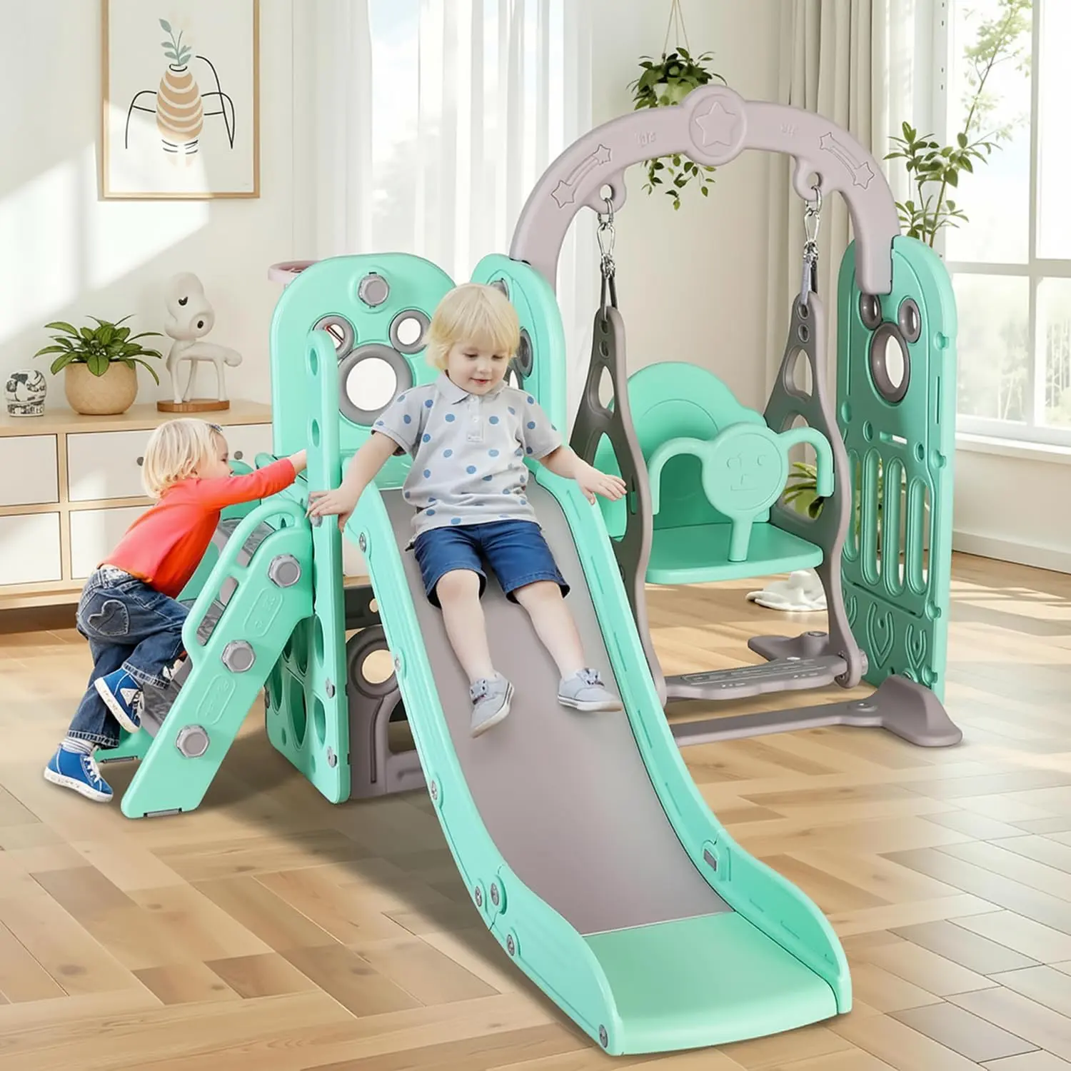 Arlopu Slide and Swing Set, Kids Slide with Climber, Storage Space, Basketball Hoop, Ball, Reinforced Suction Cup, Indoor Outdoor Playground, Suitable, For Boys Girls Birthday Christmas Gift, homeessentials
