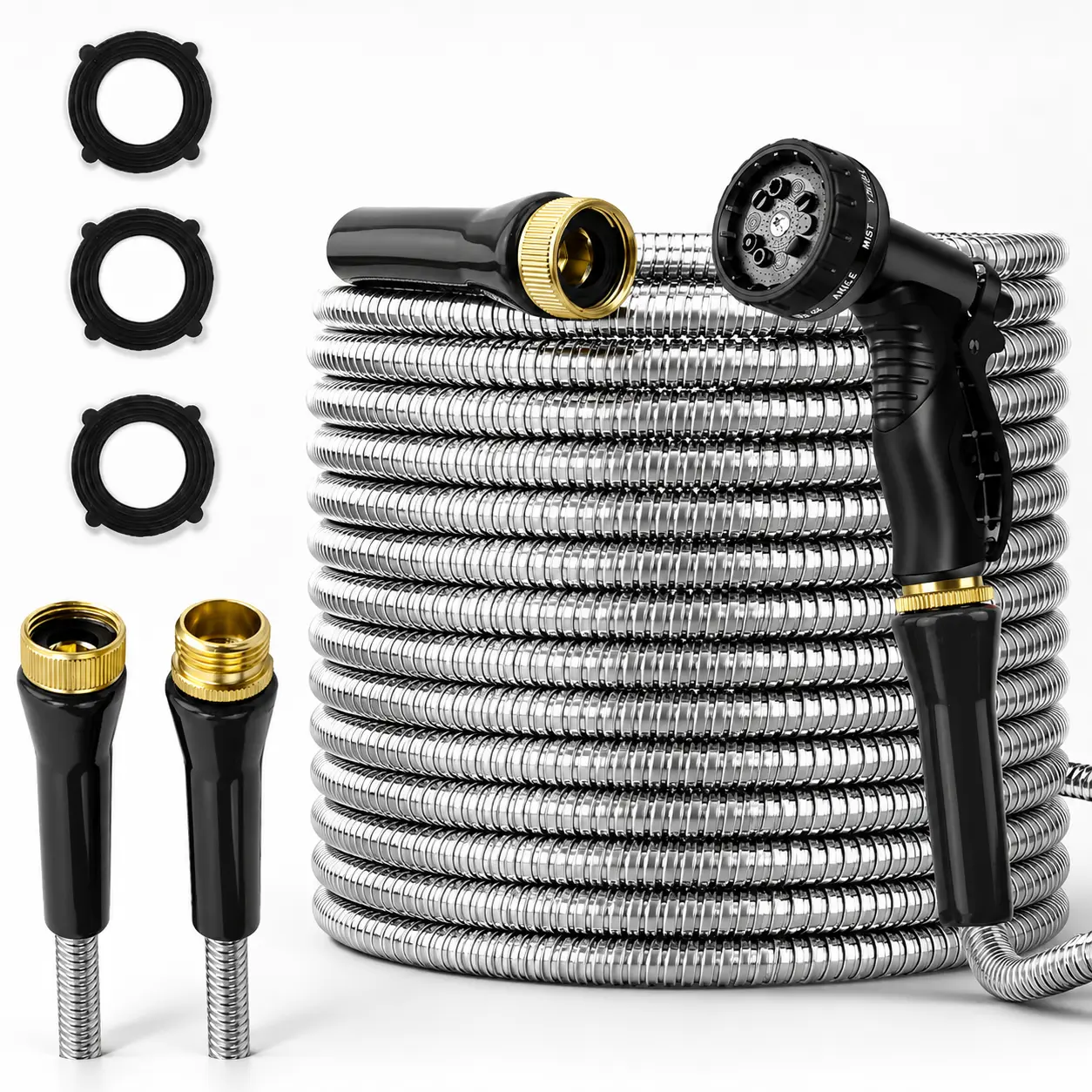 100 ft Heavy-Duty Stainless Steel Kink-Free Garden Hose, 10-Function High-Pressure Sprayer, 3/4" Brass Fittings, Lightweight Flexible for Watering Garden, Yard Work, Driveways