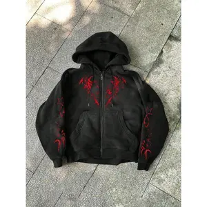 Edgy Red Graphic Black Zip - Up Hoodie | TikTok Viral Streetwear for Trendy Punk Style