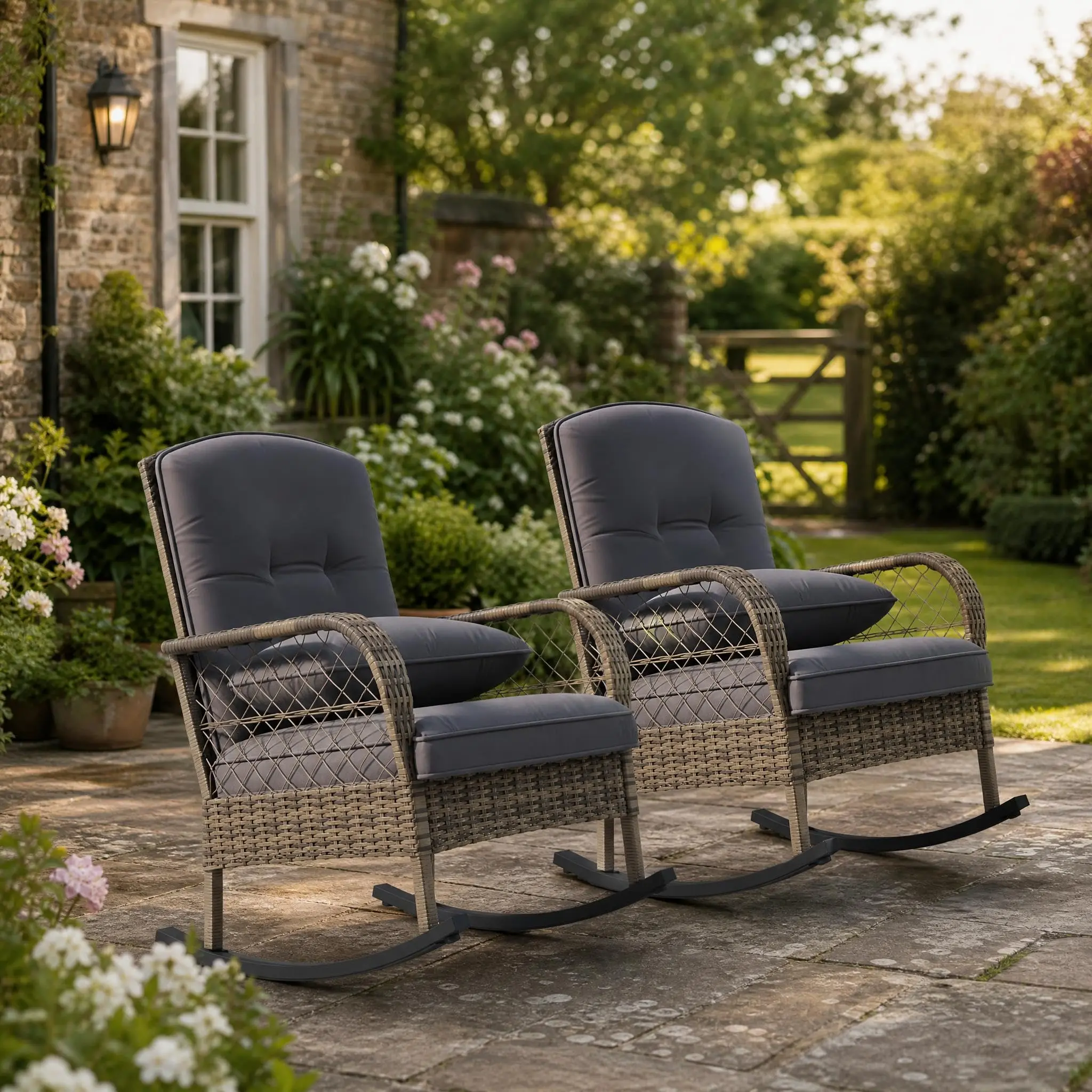 2-Piece Patio Outdoor Furniture Rocking Chairs Set - Wicker Porch Chairs with Cushions, Steel Frame, All-Weather Rattan Rockers for Back Porch, Backyard Relaxation