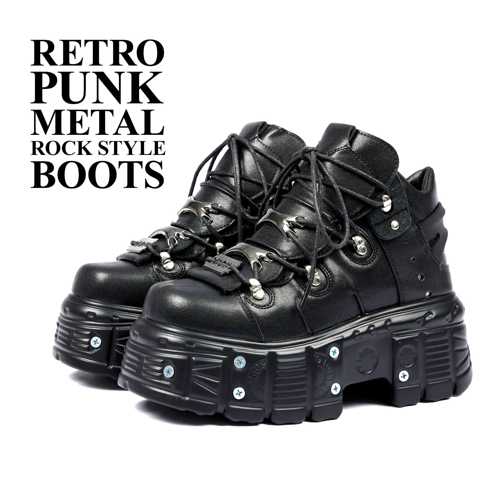 Womens Ankle Boots Round Toe Platform Sneakers Lace Up Metallic Buckle Strap Retro Punk Rock Style Comfy Fashionable Y2k Combat Chunk Cross Tied Rivets Boot Outing Clubbing Event Party Summer Motorcycle Goth Punk Boot Shoes