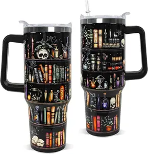 Dark Gothic Bookshelf Tumbler With Handle – Witchy Insulated Stainless Steel Book Lover Travel Mug with Straw