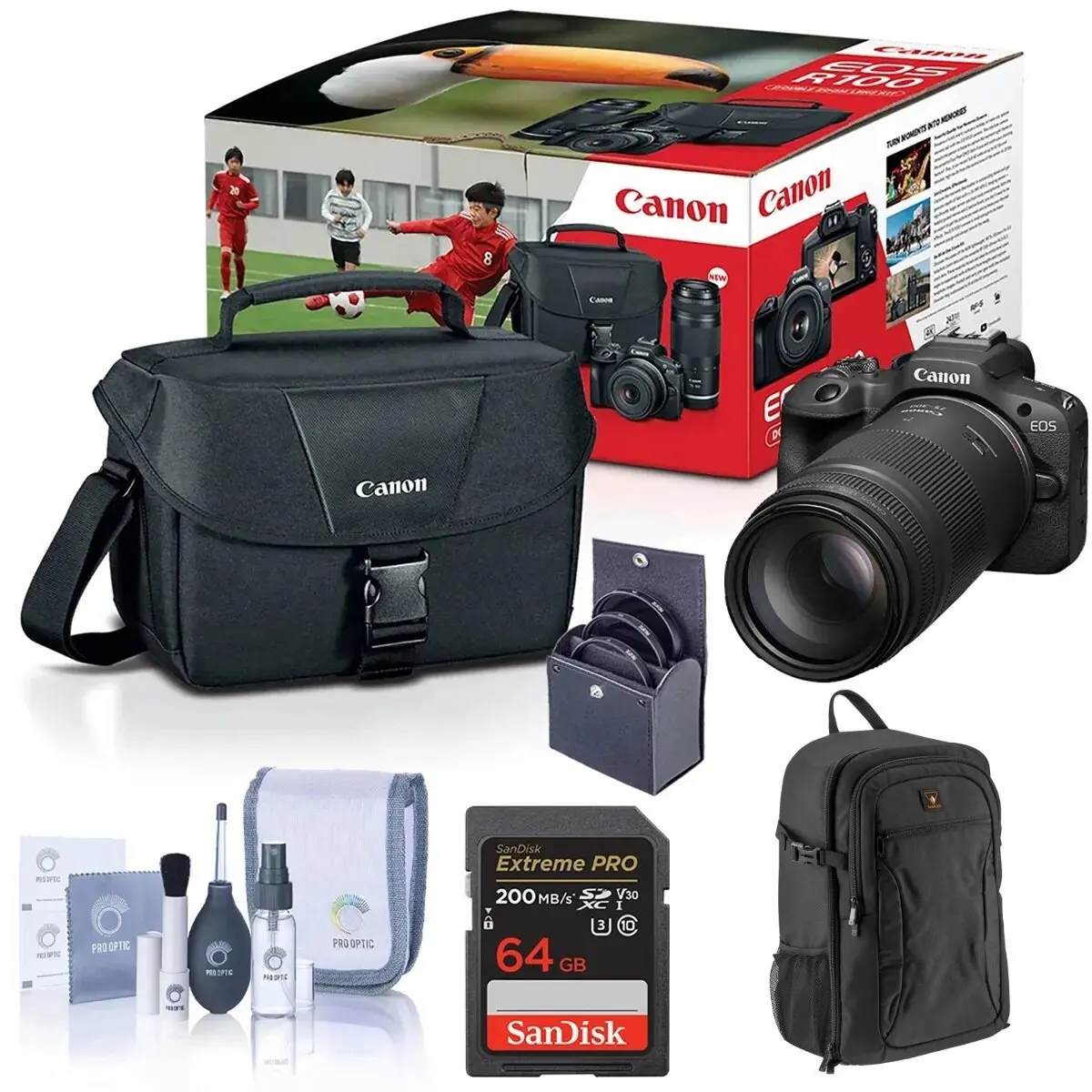 Canon EOS R100 Mirrorless Camera with 18-45mm and 75-300mm Lenses, Bundle with 64GB SDXC Memory Card, Shoulder Bag, Backpack, 49mm Filter Kit and Cleaning Kit