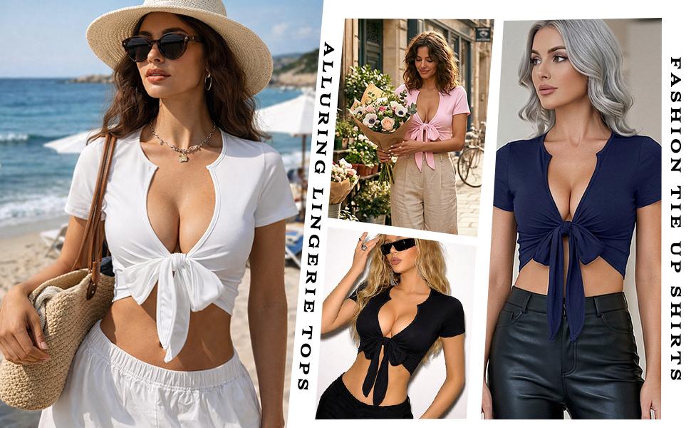 Avidlove Tie Front Crop Tops for Women Deep V Neck Short Sleeve