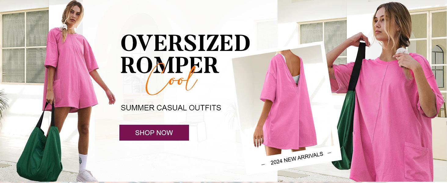 Imily Bela Comfort Baggy Tee Rompers for Women Summer Lady Athletic Oversize Romper Short Sleeve Jumpsuit Basic can be Worn on Both Sides Onesie with Pockets Casual Womenswear Overalls