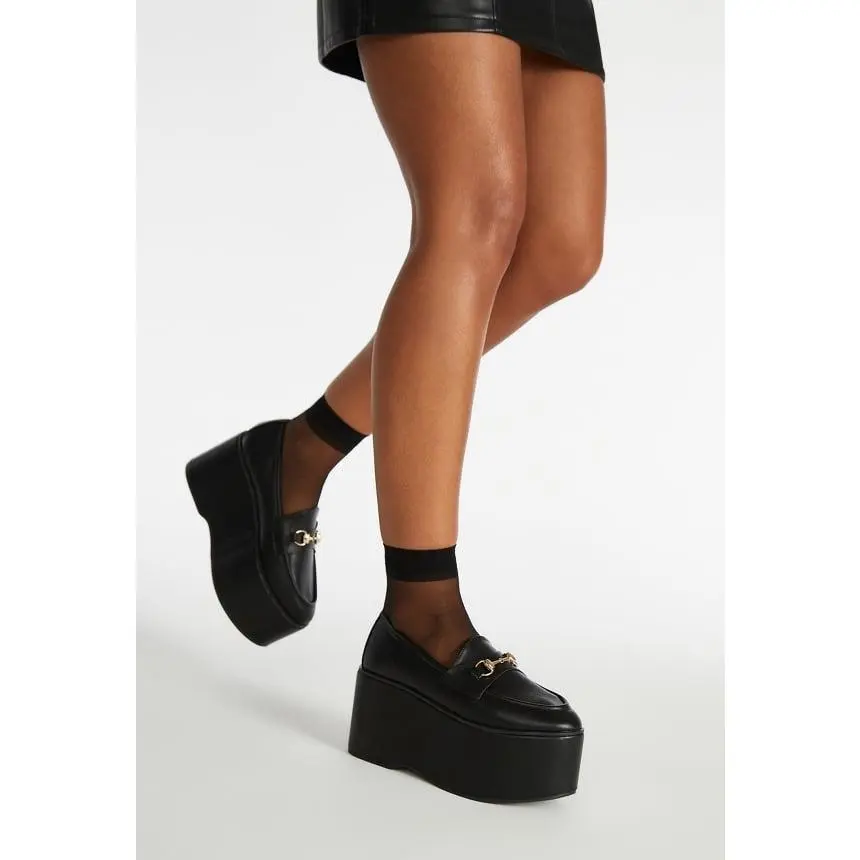 JUST FAB Women's Fashion Heeled Platform Loafers - 3.75in Chunky Heel Horsebit Slip-On Heels for Women, Classy Elegant Footwear for Streetwear, Work, High Heels