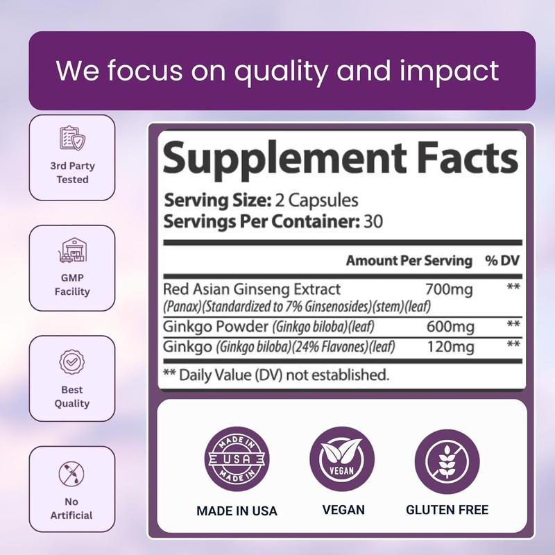 Ginkgo Biloba Ultra with Red Asian Ginseng 1420mg 60 Vegetarian Capsules Memory Focus Support Supplement Herbal Blend