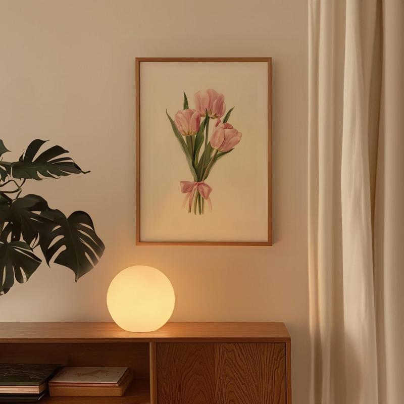 Coquette Tulips Bouquet Print, Pink Girly Aesthetic Wall Art, Y2K Cute Coquette Decor, Blush Pink Bow Poster, 5 Size, 8x12 to 27x40 inch, Room Decor, Unframed