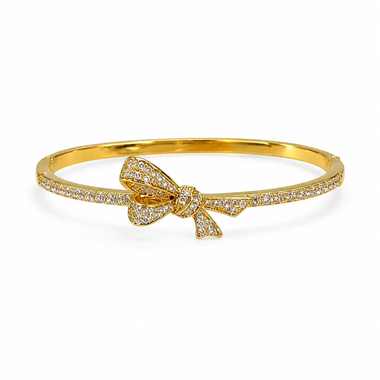 Gold-Tone Sparkling Ribbon Bow Bangle Bracelet with Clear Decorative Accents for Women