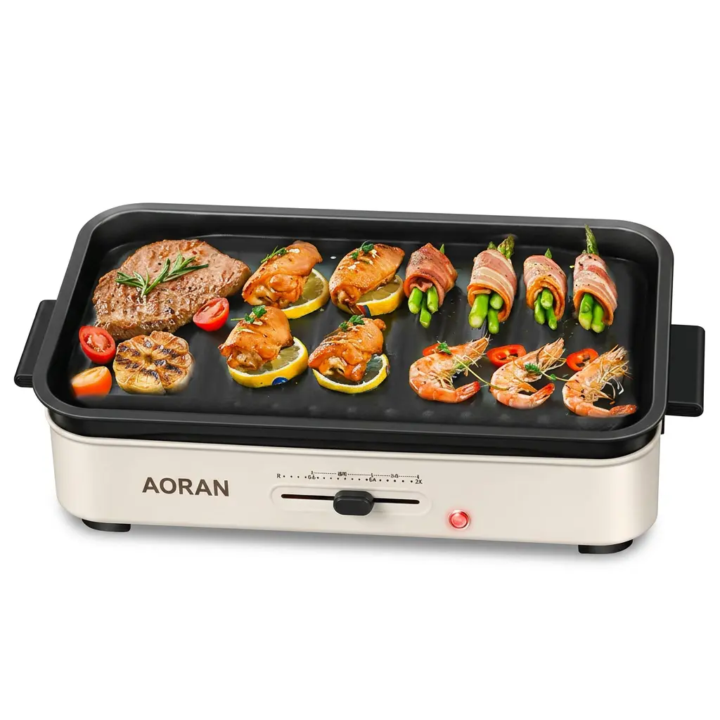 American Style Indoor Electric Skillet-Grill, Large Capacity Multi-Purpose Pan with Removable Non-Stick Plate, Precision Temperature Control, Compact Design, Easy Cleaning for Family Breakfast & Party Cooking