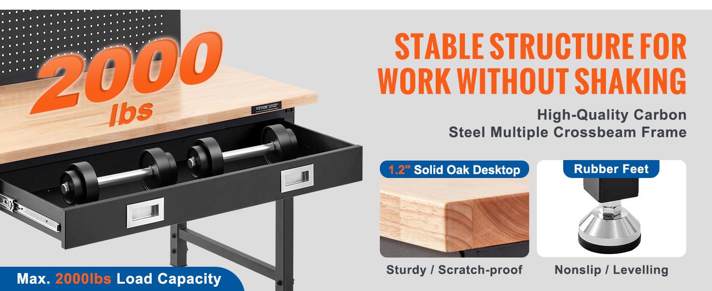 VEVOR Workbench Adjustable Height 28-39.5" Work Bench For Garage Oak Plank & Carbon Steel Heavy Duty Workbench 2000lbs Weight Capacity Bench top Size 48x24" Hardwood Workbench 3m Cable 30 Hooks