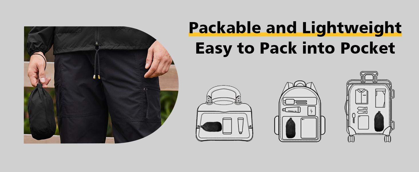 Men's Packable Jacket Outdoor Waterproof Hooded Lightweight Classic Cycling Raincoat for Hiking/Outdoor/Camping Fabric Menswear Zipper Breathable Relaxed Fit Long Sleeve Tops Athletic Outerwear Activewear Blazer