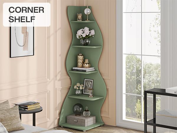 Tribesigns Corner Shelf, Modern 5-Tier Wall Corner Bookshelf, Stylish Corner Small Bookcase Storage Rack Plant Stand with Unique Shape for Living Room, Home Office (Sage Green, 1PC)