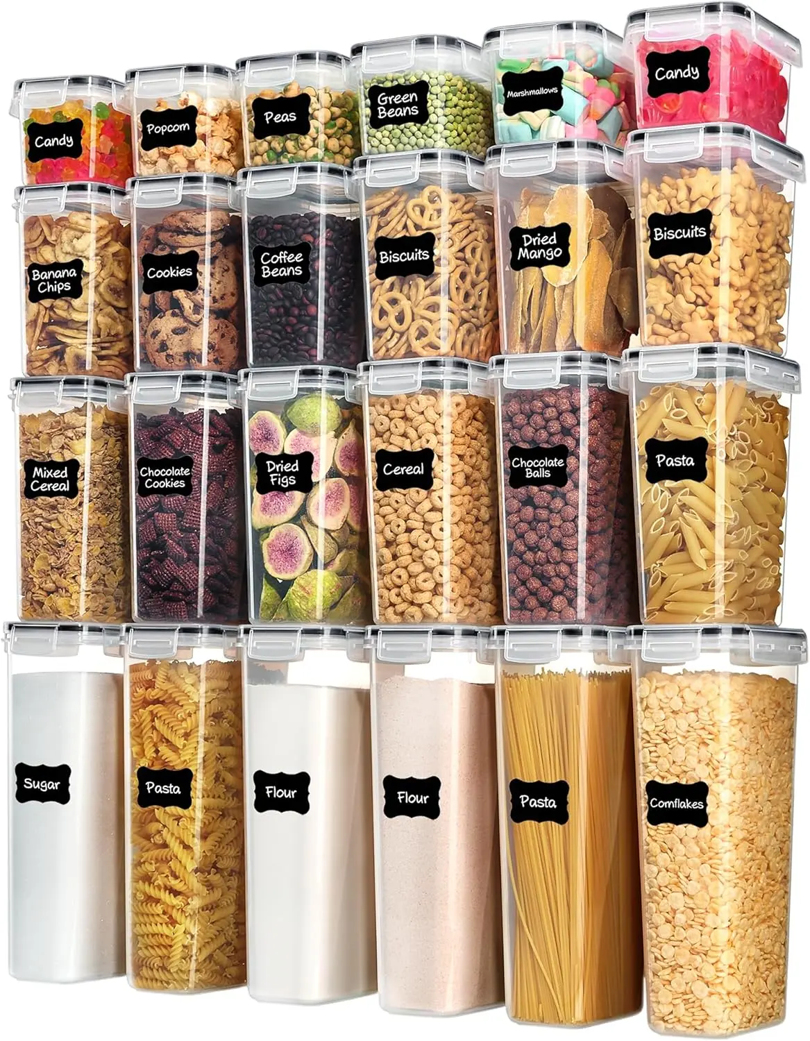24-Piece Multi-Size Silicone Reusable Stackable Food Storage Containers Set with Lids, BPA-Free Plastic Pantry Use Canisters with Varied Capacity (4-8 Sizes), Includes 24 Black Labels for Cereal, Dry Food, Dustproof, Food Cover