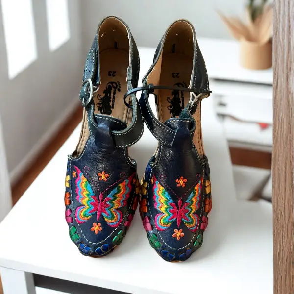 Women’s Blue Leather Mid Heel Butterfly Embroidered With Adjustable Strap