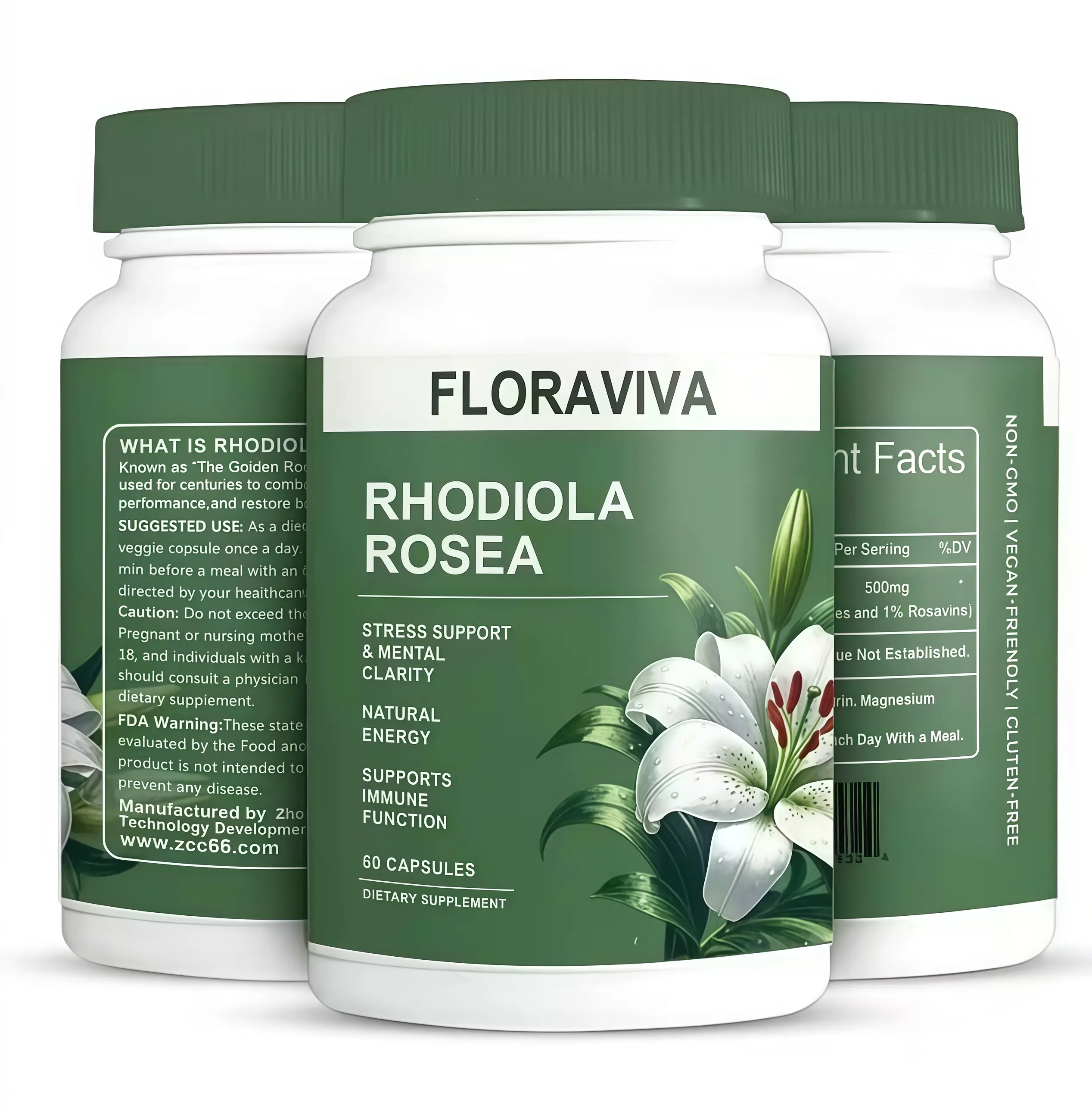 3-Hot  Floraviva Rhodiola Rosea Capsules 500mg - Natural Adaptogen Supplement for Stress Support, Mental Focus & Energy - Non-GMO