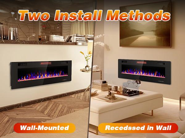 R.W.FLAME Electric Fireplace Inserts, in-Wall Recessed & Wall Mounted 750/1500W Heater, Touch Screen, Remote Control with Timer, Adjustable Flame Color and Speed, 30"~68", Black
