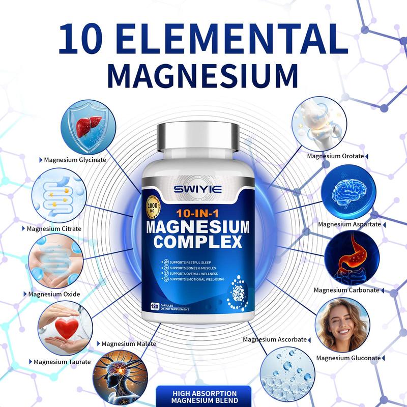 SWIYIE Magnesium Complex 1000mg Supplement with 10 Forms of Elemental Magnesium for Muscle Heart