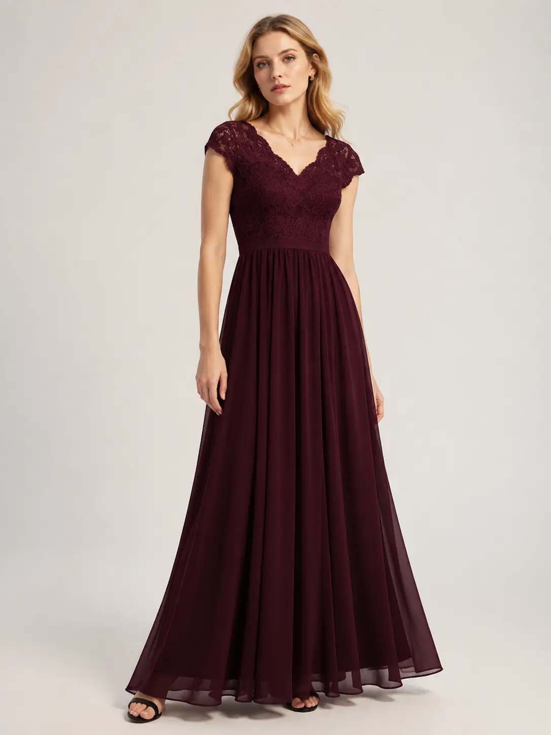 Women's Chic Lace & Chiffon A-Line Waisted Evening Gown - V-Neck, 3/4 Sleeves, Formal Wedding Guest Dress with Lace Detail