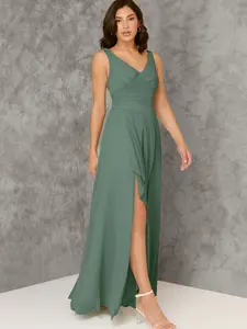 Azazie Kori A-Line V-Neck Pleated Ruffle Leg-Slit Bridesmaid Wedding Guest Formal Dress