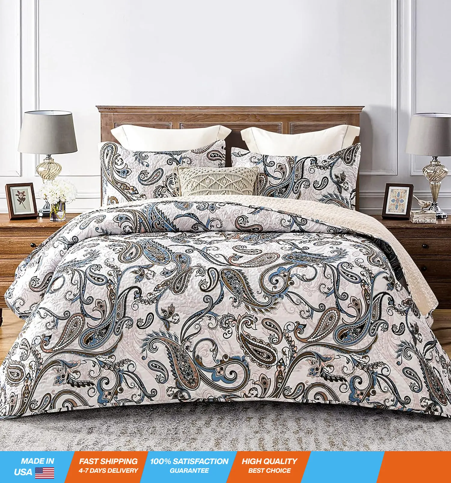 Reversible Paisley Quilts King Size, Lightweight Boho Printed Bedspreads Coverlets Quilt Bedding Set with 2 Pillow Shams for All Seasons, Bone/Grey