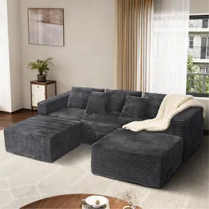 【3 Packages Shipping】110" Corduroy Modular Sectional Boneless Sofa with 2 Ottomans, Convertible Cloud Couch with Deep Seats, Fluffy Memory Foam U Shaped Couch for Living Room, No Assembly Required, Free Combination, Grey, Black, Beige furniture tiktokshop