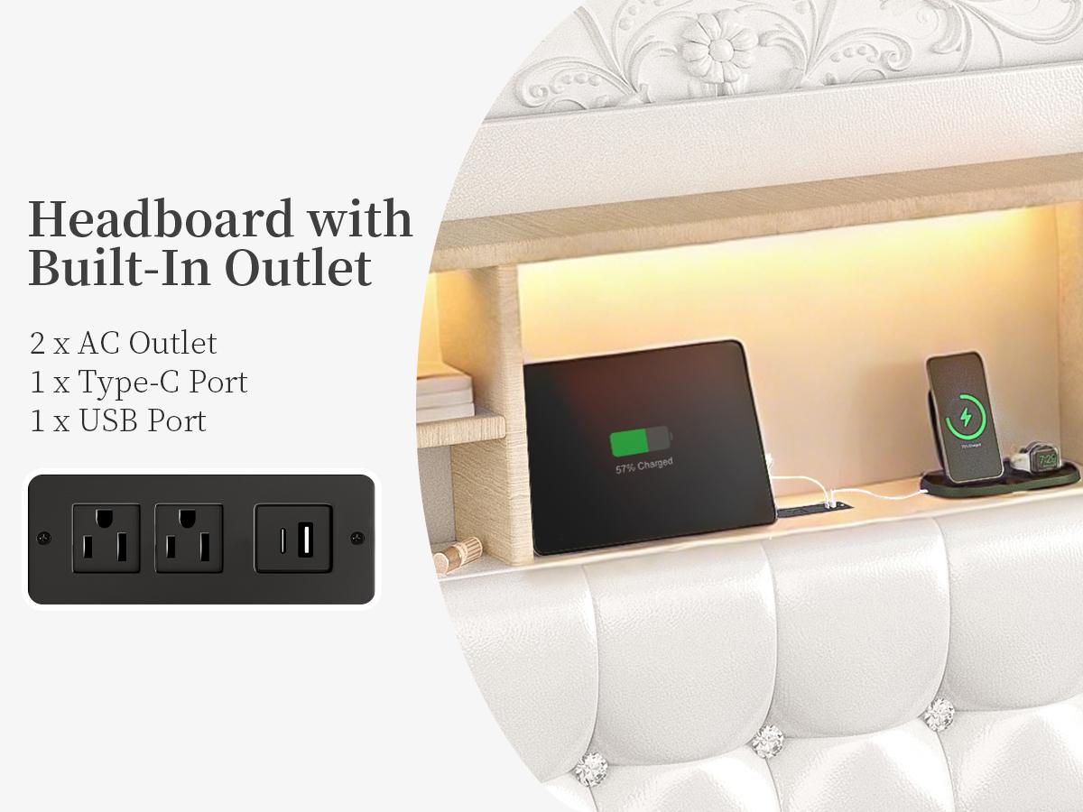 SIBEDS Queen Upholstered Bed Frame with LED Bookcase Headboard, Drawers, Charging Ports, and Tufted Wingback Design for Bedroom,White/Black/Cream/Gray