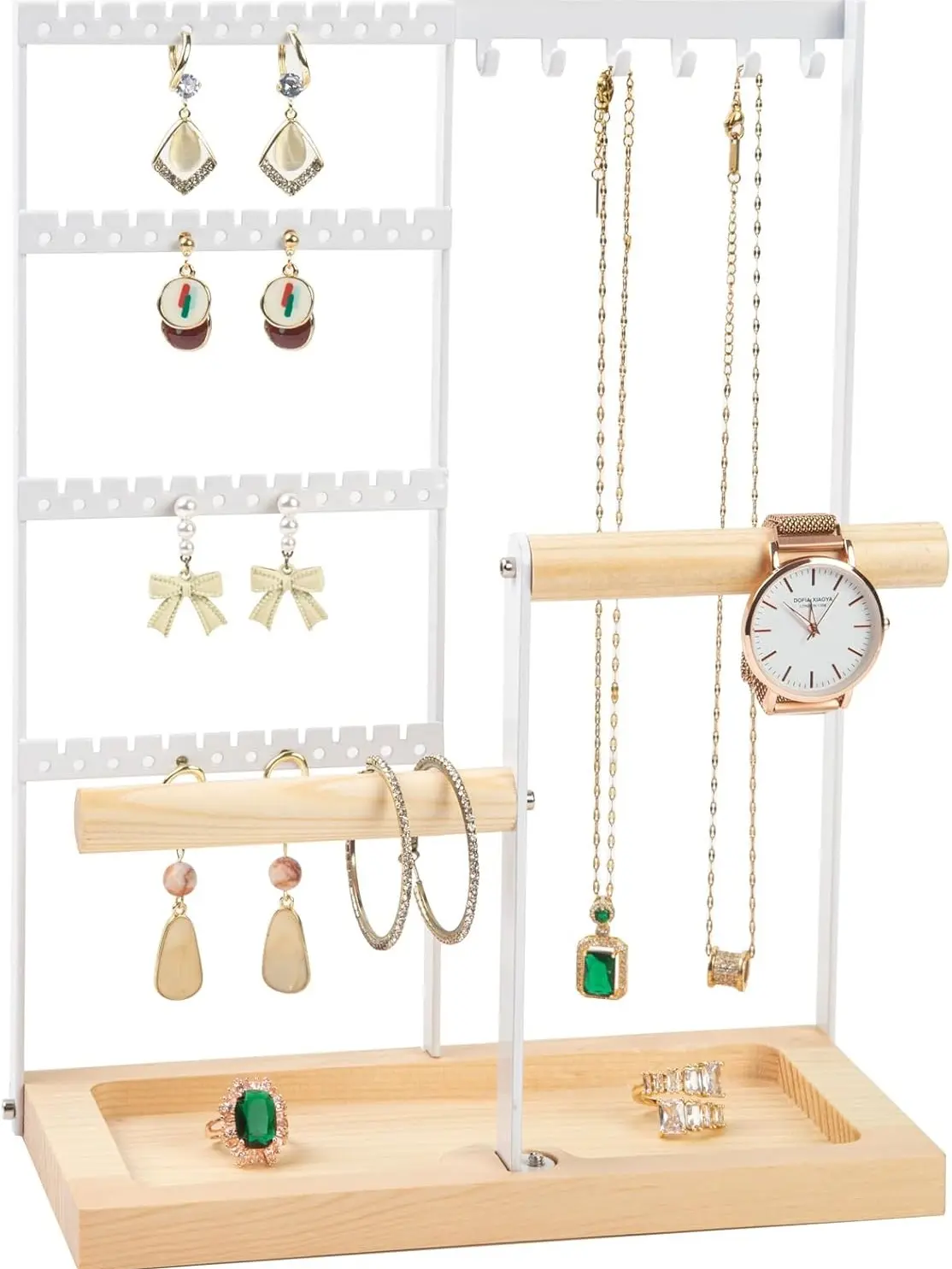 Jewelry Organizer Stand, Jewelry Holder, 4 Tier Earring Holder with 48 Holes and 6 Hooks Necklace Organizer Wood Box for Necklace Bracelet Earring Ring, White
