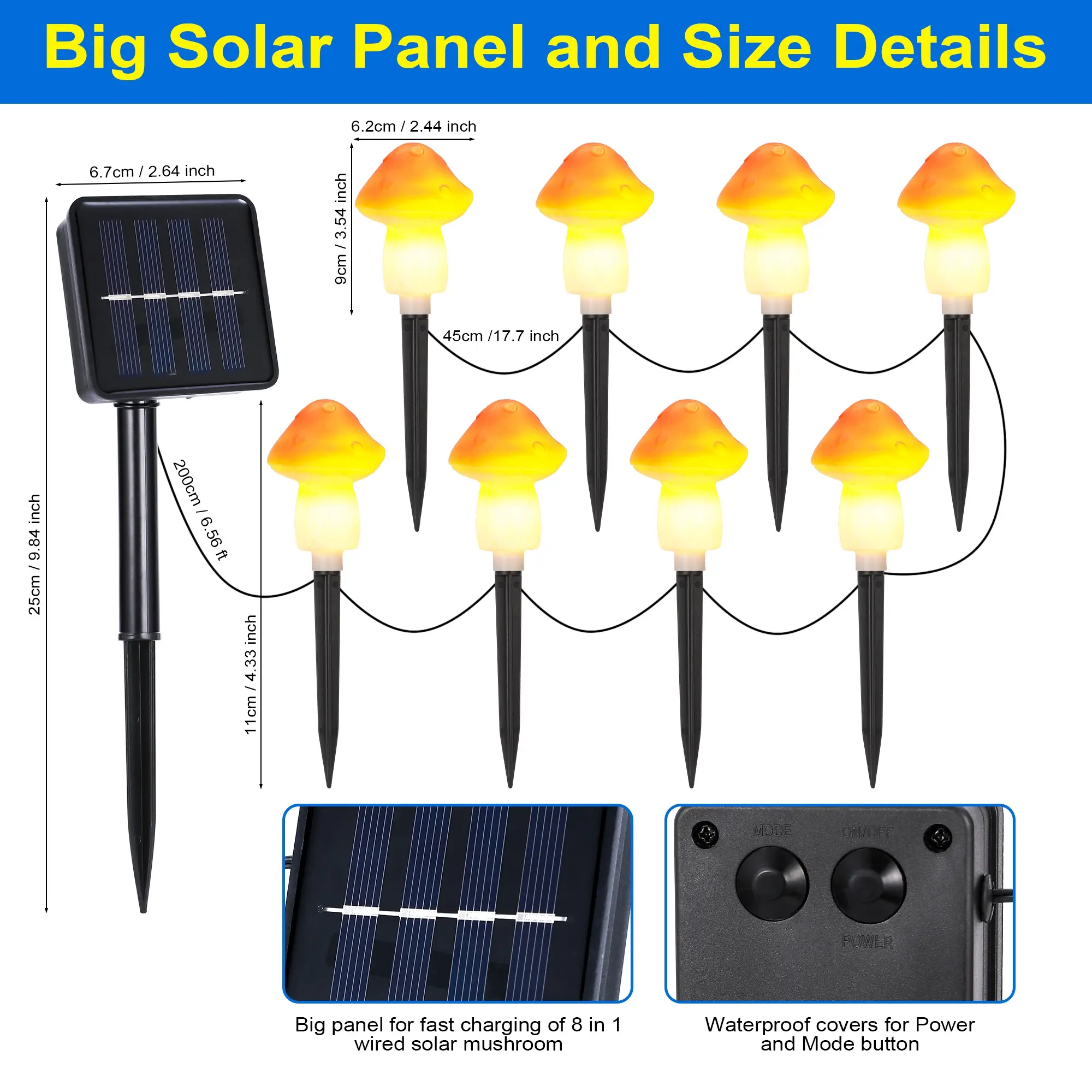 Outdoor Solar LED Mushroom Lights, 8-Mode Multicolor Changing, IP65 Waterproof Garden Lights for Christmas & Halloween, Easy-to-Install for Courtyards, Patios, Pathways, 8 Modes