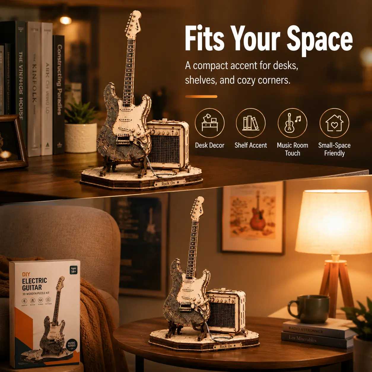 【ROBOTIME】3D Wooden Electric Guitar Creative Puzzle Model Kit - Viral TikTok DIY Musical Instrument Assembly Toy, Stress-Relief Desktop Ornament, Cool Gift for Male Musicians